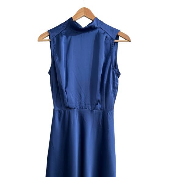 Lulu's Women's XS Classic Elegance Blue Satin Sleeveless Mock Neck Maxi Dress - Picture 8 of 11